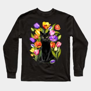 Black Cat With Tulip Flowers Happy Easter Day Long Sleeve T-Shirt